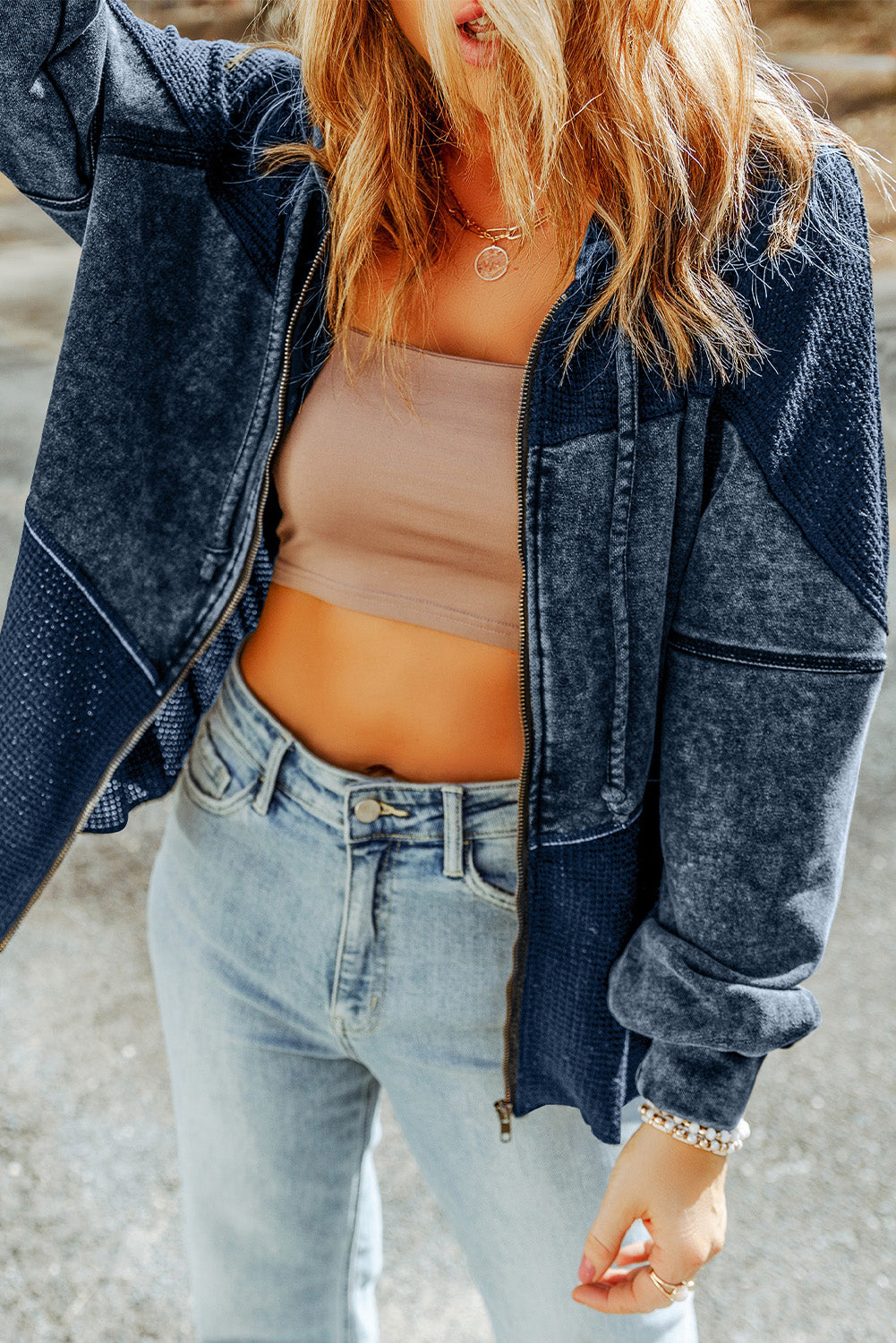 Waffle Patchwork Vintage Washed Hooded Jacket