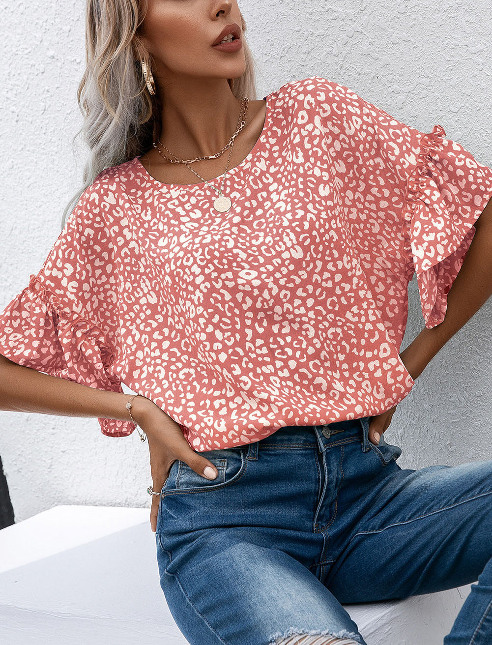 Pink Leopard Spotted Ruffle Sleeve T-Shirt
