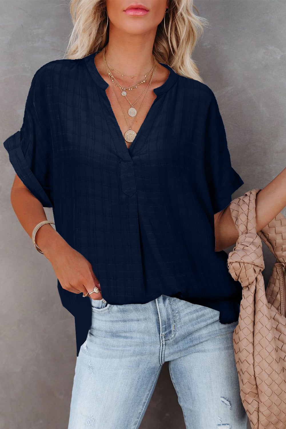 Print Loose V Neck Short Sleeve Shirt with Slits