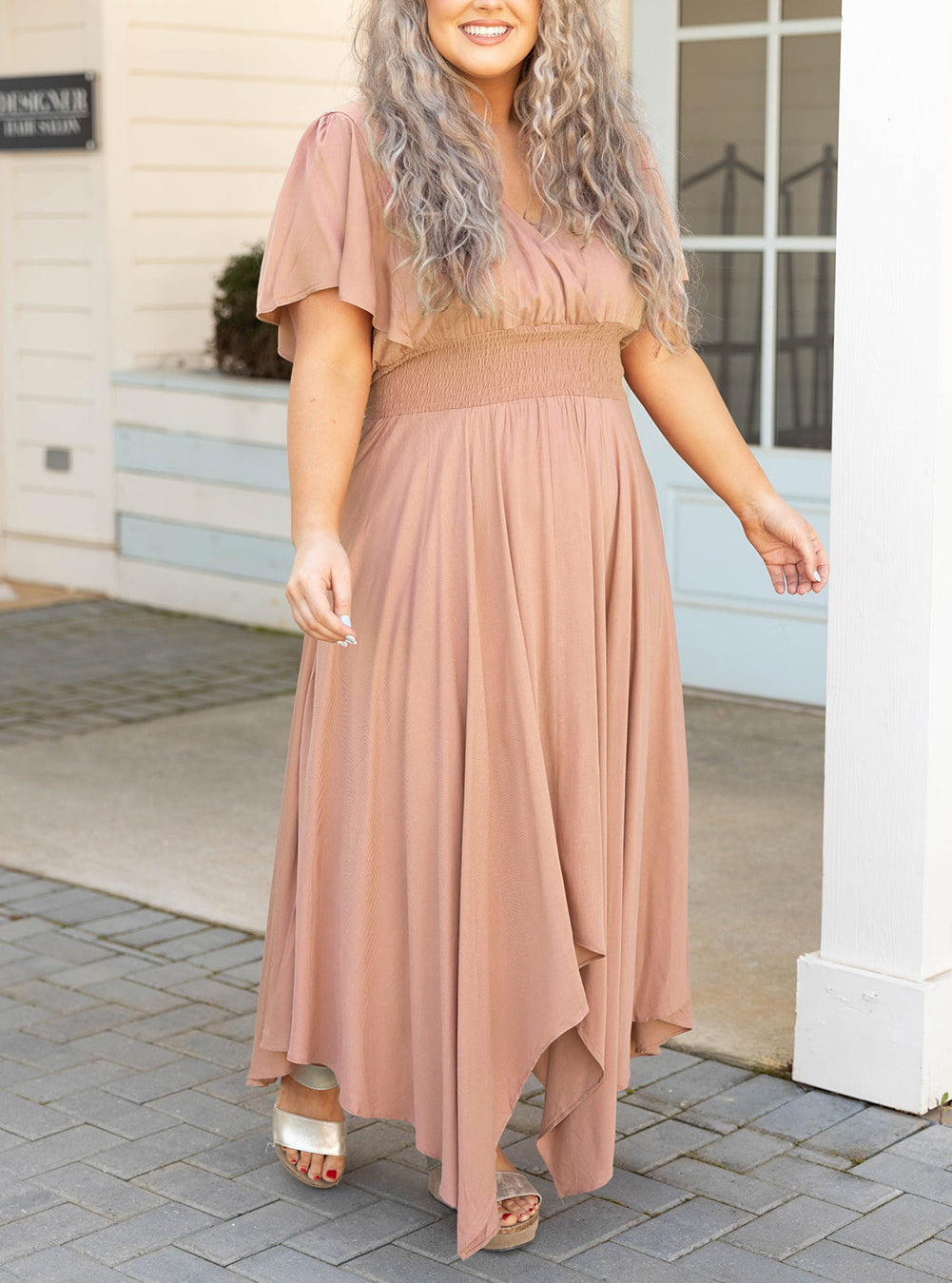 Pink Wrap V Neck Plus Size Handkerchief Dress