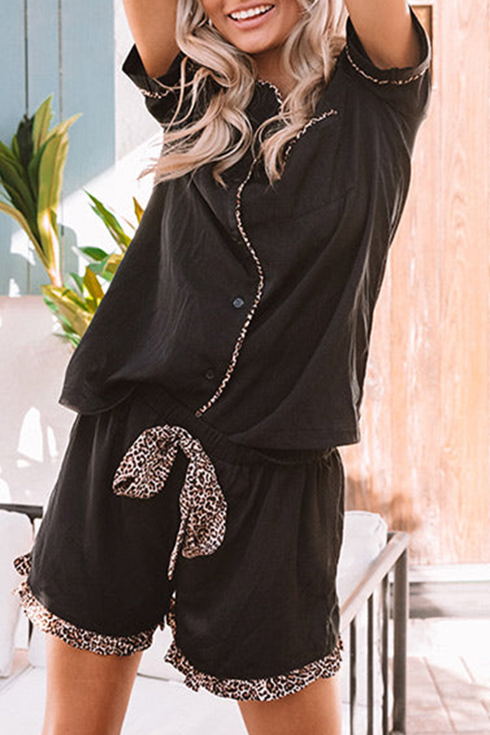 Leopard Long Sleeve Shirt and Shorts Lounge Set