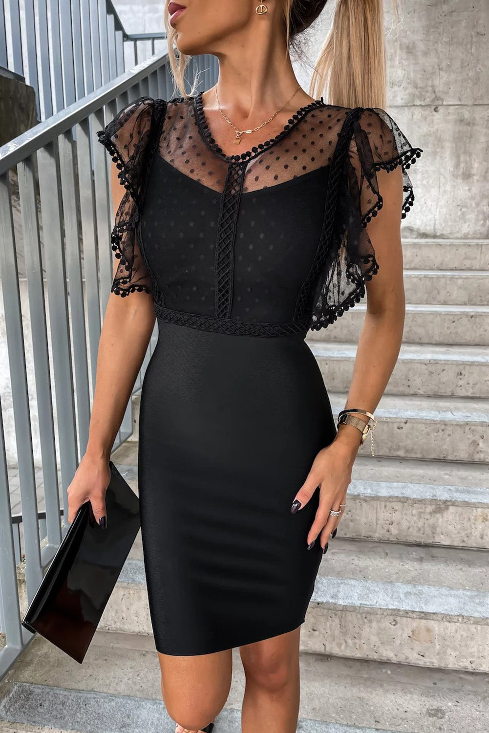 Black Polka Dot Mesh Splicing Flutter Sleeves Sheath Midi Dress