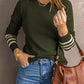 Green Striped Sleeve Plain Knit Sweater