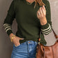 Green Striped Sleeve Plain Knit Sweater