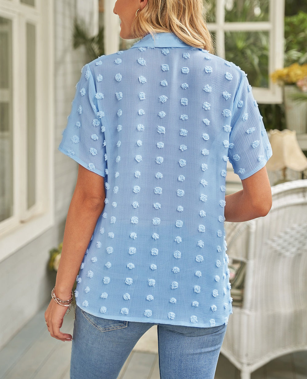 Buttoned Swiss Dot Turn-down Collar Short Sleeve Shirt