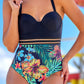 Black Floral Print Sheer Mesh Waist One-Piece Swimsuit