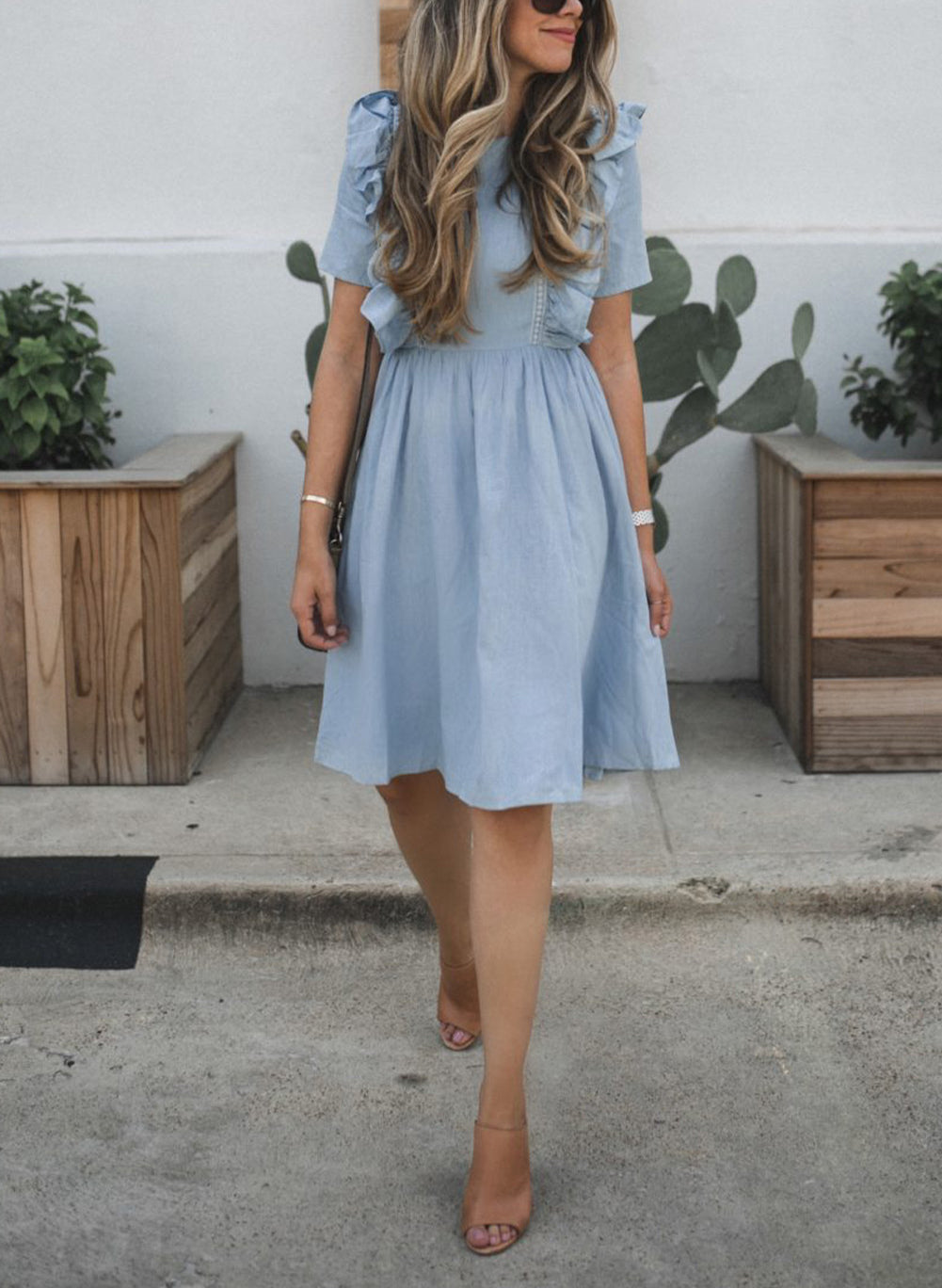 Sky Blue Ruffle Chambray Midi Dress