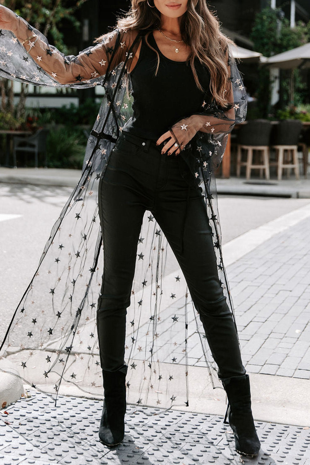 Black Starry Sheer Sequin Duster Kimono
