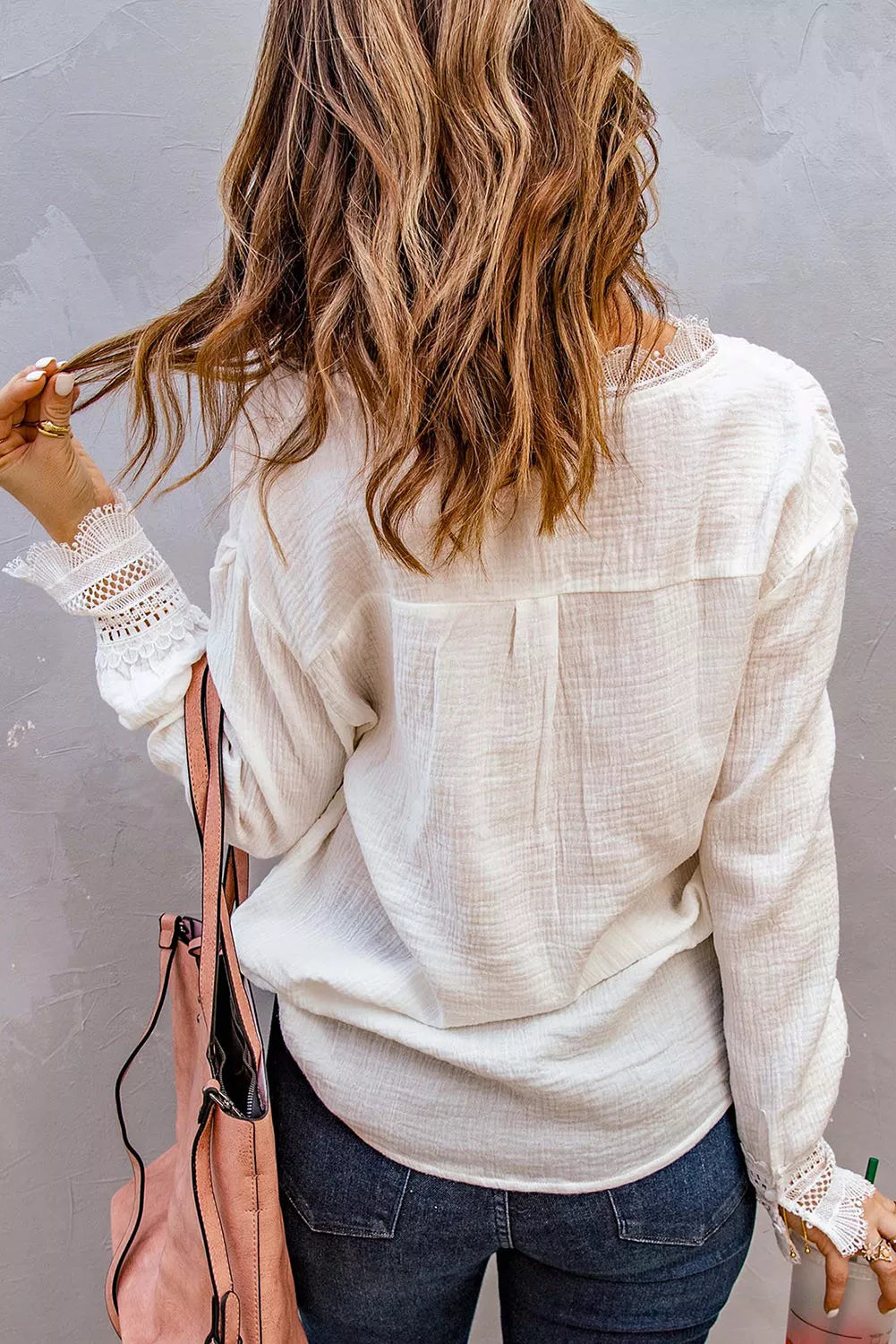 Lace V Neck Cuffed Blouse
