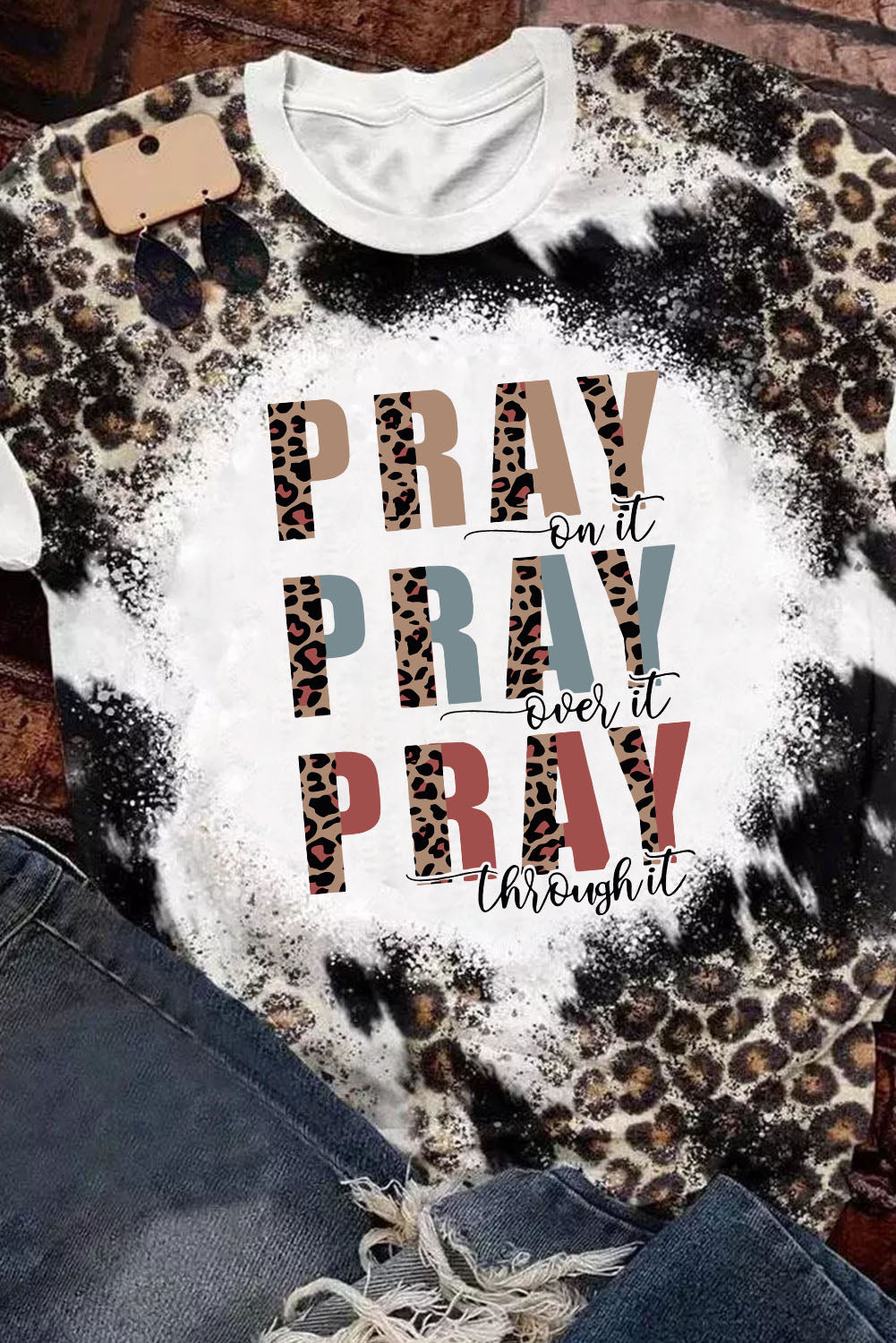 Leopard PRAY Slogan Bleached Dye Print Crewneck T Shirt