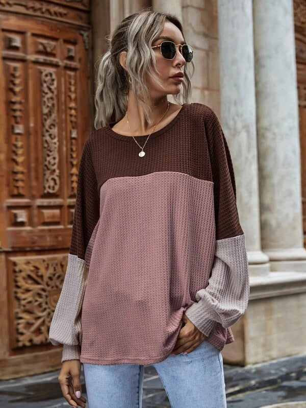 Contrast Splice Waffle Long Sleeve Casual Top For Women