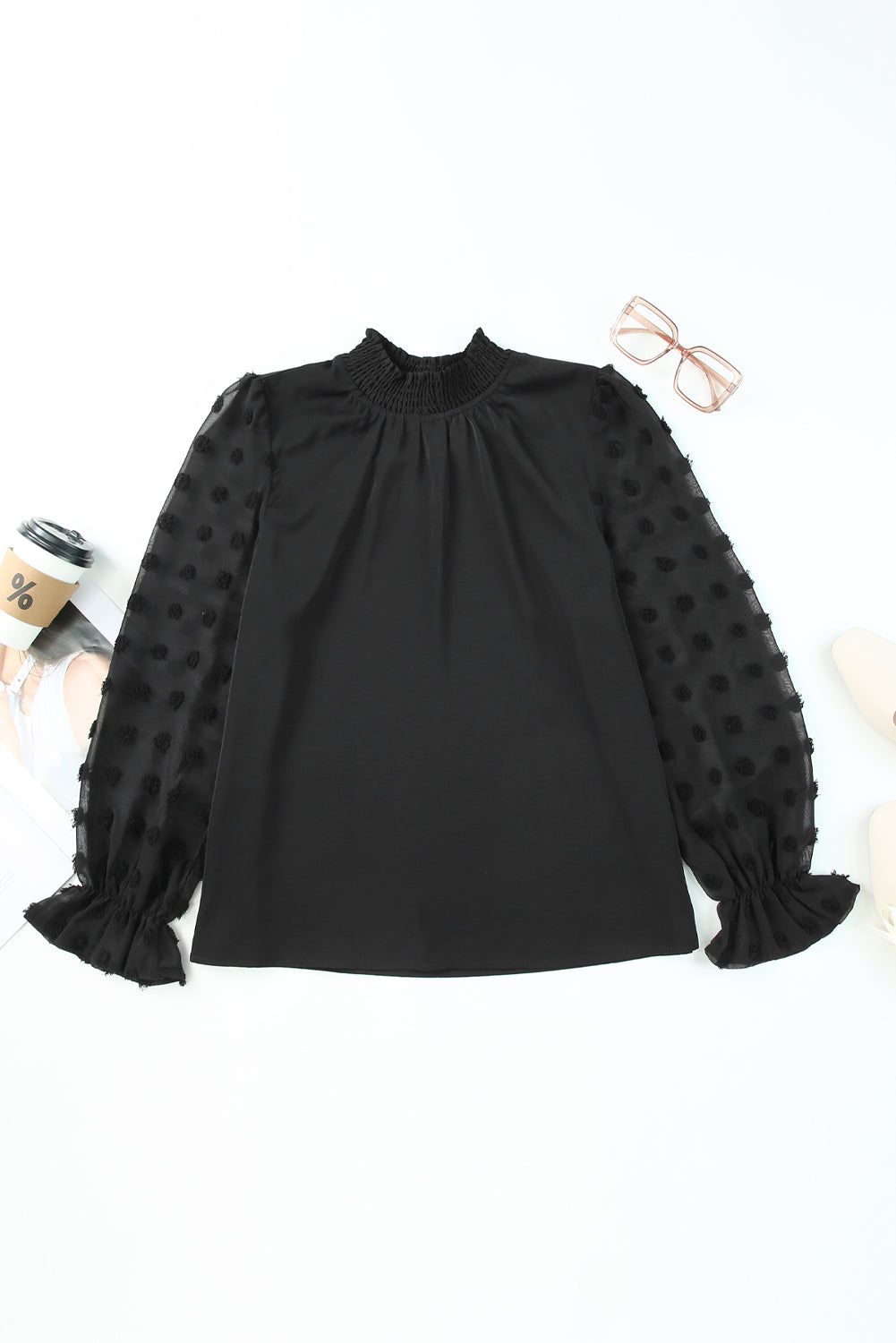 Black Swiss Dot Sheer Puff Sleeve Smocked High Neck Blouse