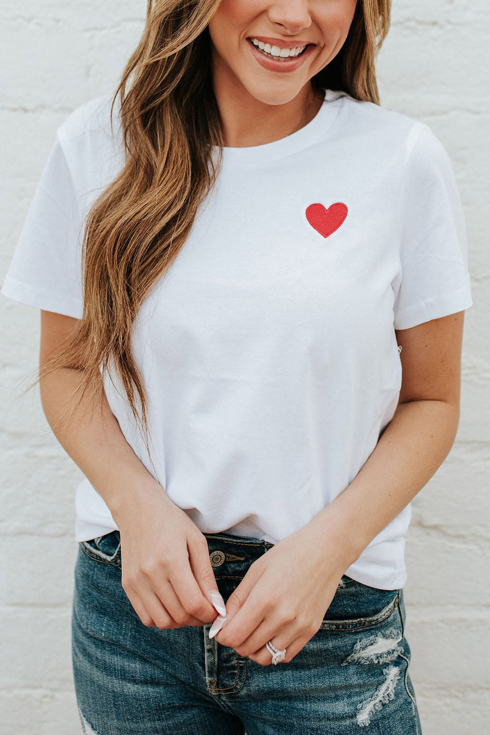 White Valentines Heart Pattern Embroidery T Shirt