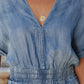 Sky Blue V Neck Smocked Waist Pocketed Chambray Romper