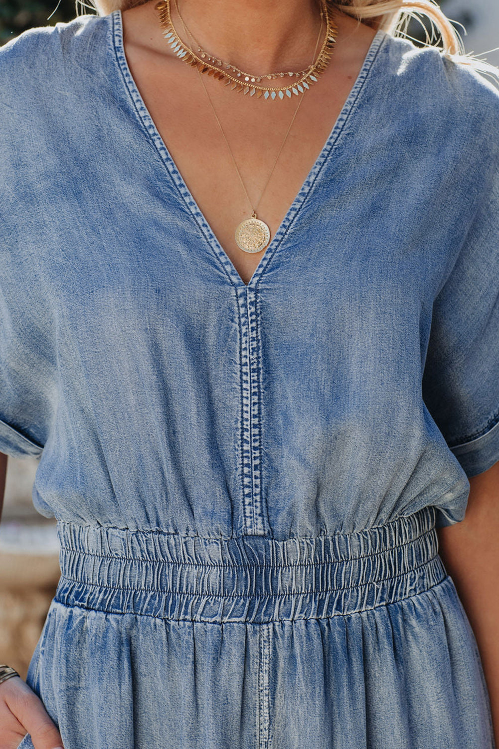 Sky Blue V Neck Smocked Waist Pocketed Chambray Romper