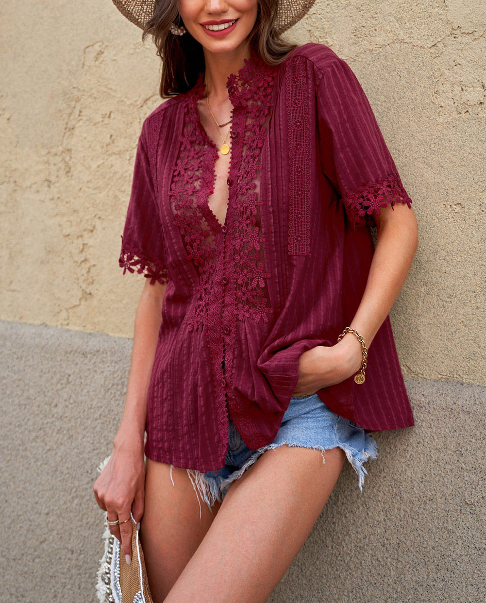 Crochet Hollow-out Lace Splicing Short Sleeve Top