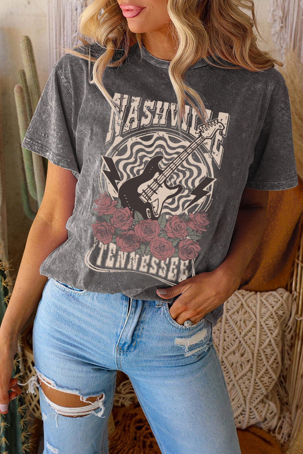 Guitar Rose Letter Graphic Print Crew Neck T Shirt