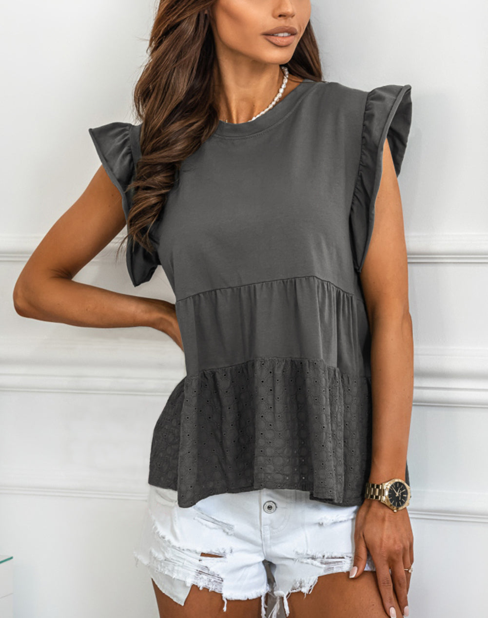 Gray Broderie Anglaise Flutter Blouse