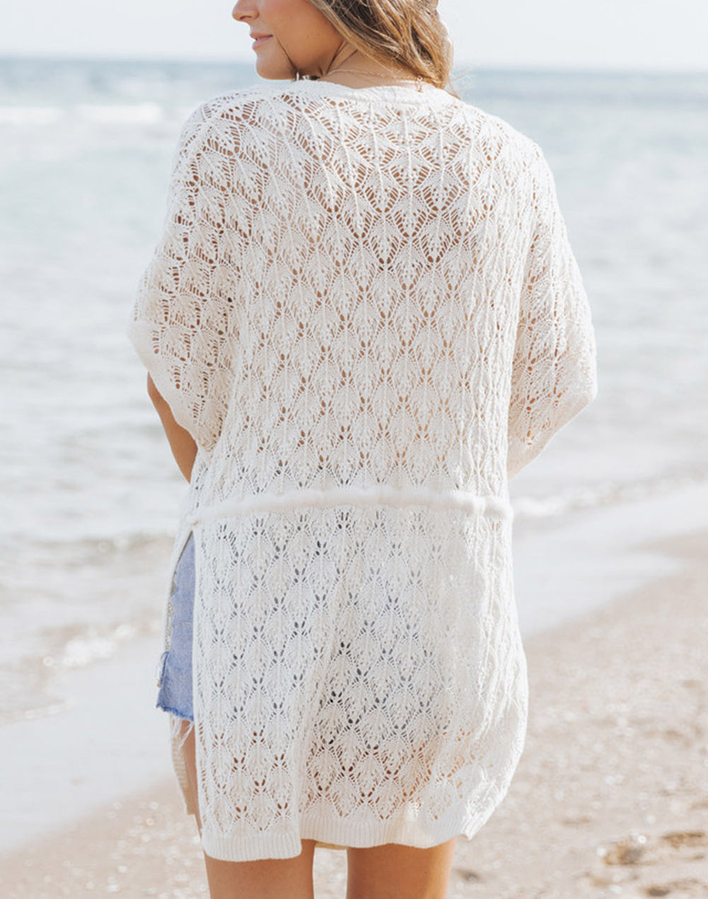 White Crochet Open Front Kimono with Slits