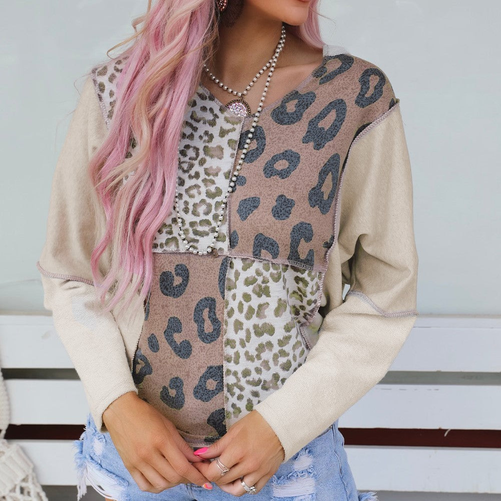 Leopard Splicing V Neck Long Sleeve Top