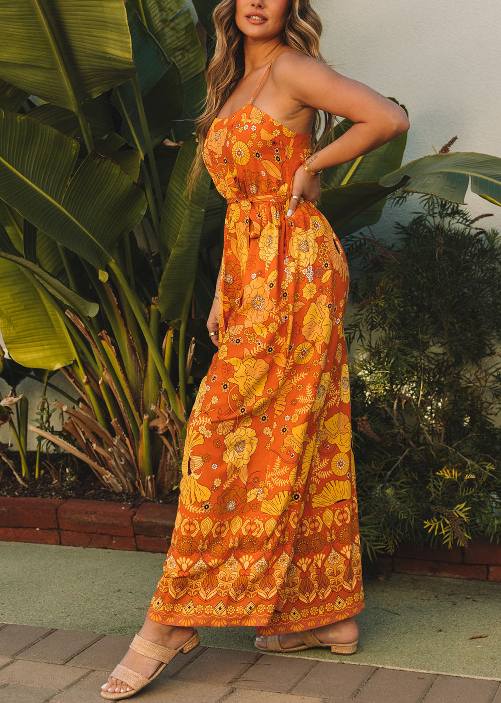 Orange Floral Wide Leg Sleeveless Jumpsuit
