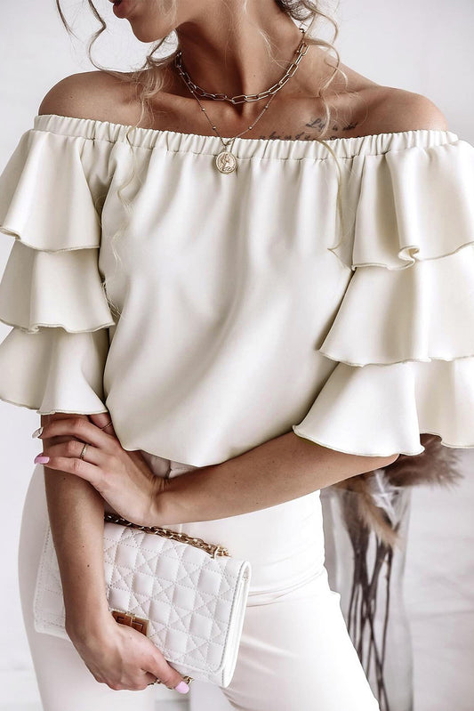 Apricot Tiered Ruffled Half Sleeve Off Shoulder Blouse