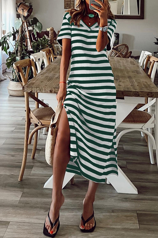 Green Stripe Print V Neck Maxi Dress with Side Splits