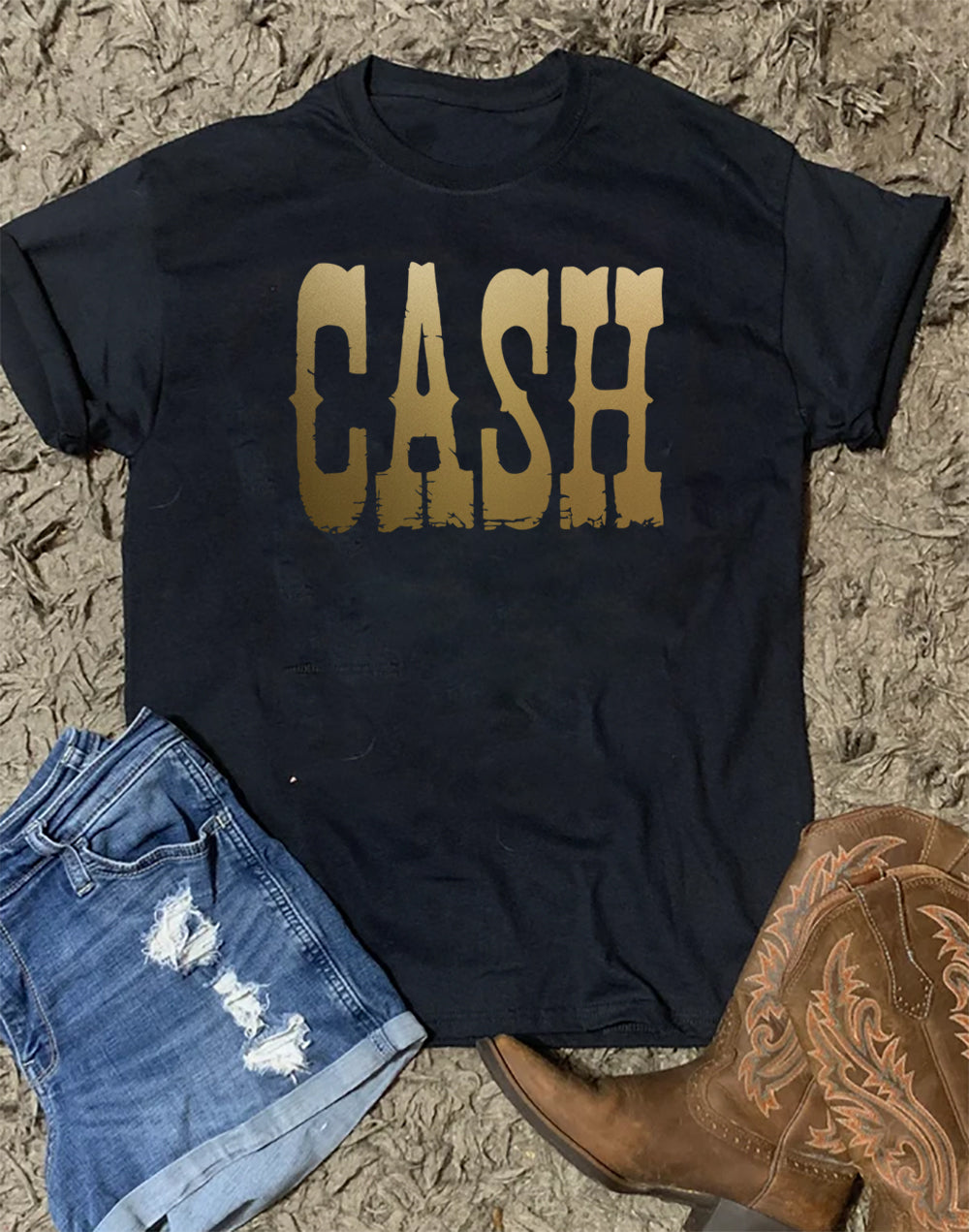 CASH Letter Print Crew Neck Graphic T Shirt
