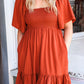 Orange Smocked High Waist Pocketed Ruffle Mini Dress