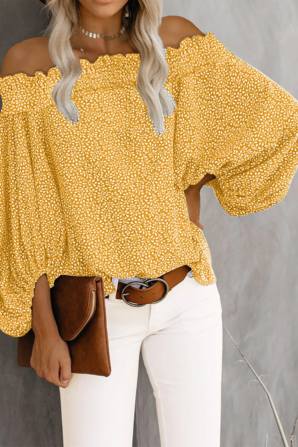 Off Shoulder Floral Print Lantern Sleeve Blouse