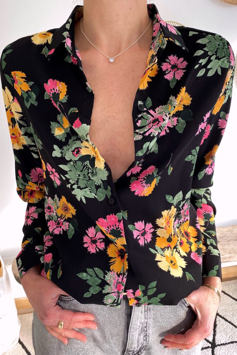 Black Retro Floral Print Button Up Long Sleeve Shirt