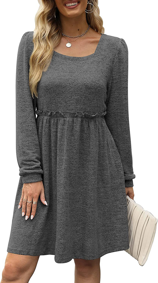 Square neck bubble sleeve casual dress