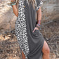 Contrast Solid Leopard Short Sleeve T-shirt Dress with Slits