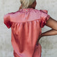Pink Satin Fringed Ruffle Sleeve Mock Neck Blouse