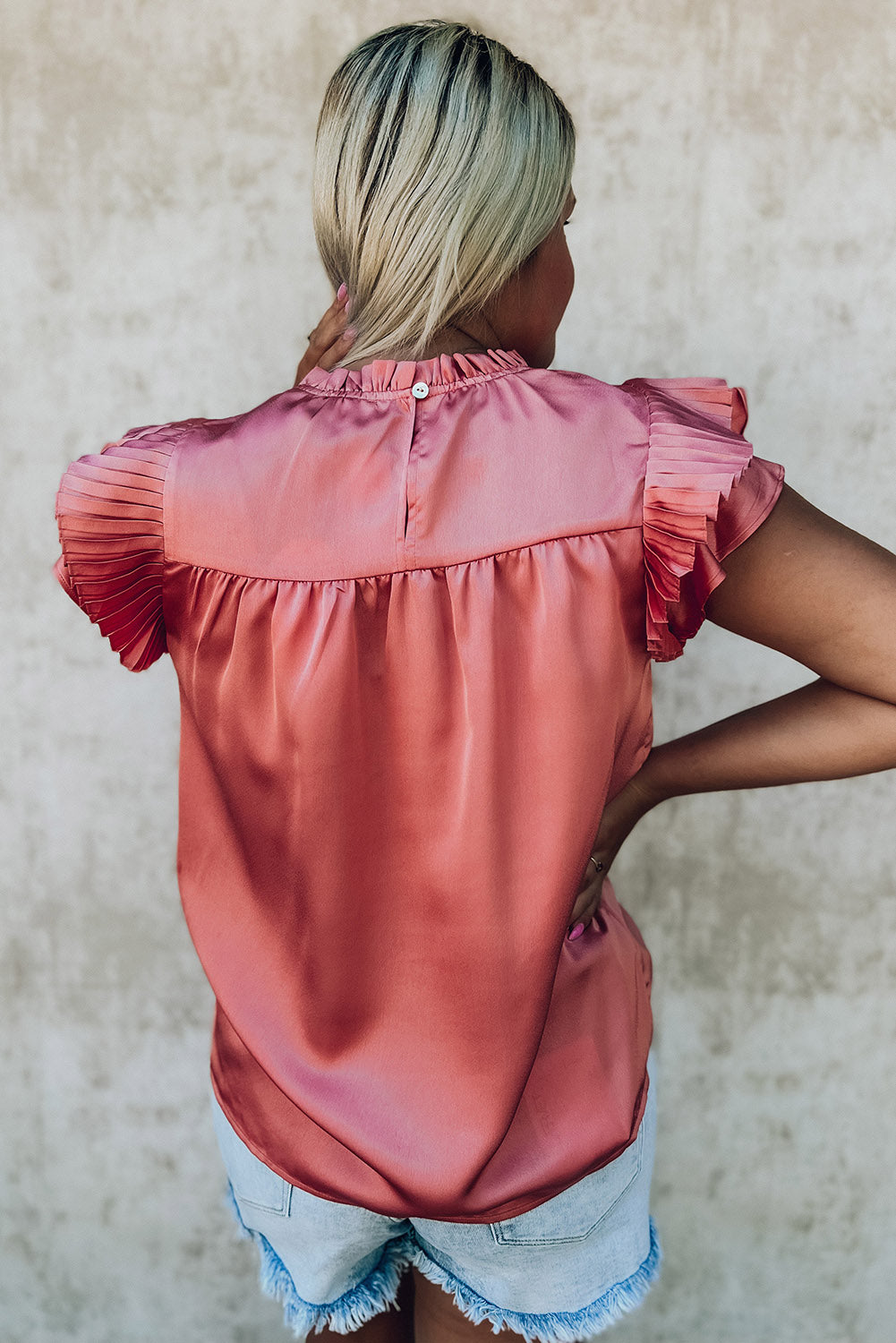 Pink Satin Fringed Ruffle Sleeve Mock Neck Blouse
