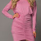 Crewneck Long Sleeve Shirred Split Bodycon Dress