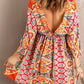 Red V Neck 3/4 Sleeve Bohemian Vintage Print Mini Dress