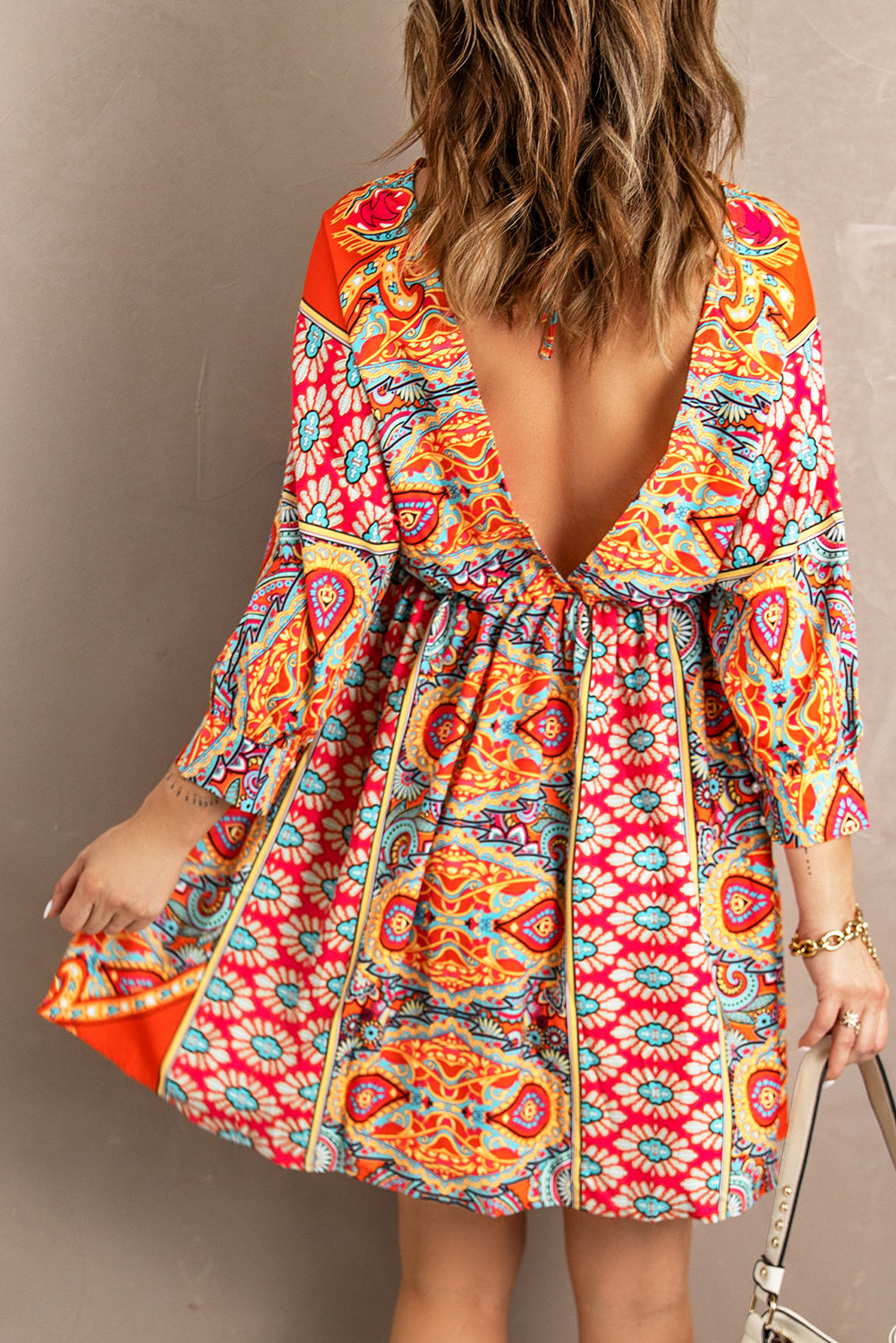Red V Neck 3/4 Sleeve Bohemian Vintage Print Mini Dress