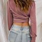 Pink Banded Hem Smocking Cuffs Long Sleeve Crop Top
