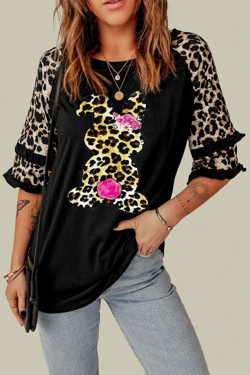 Leopard Frill Sleeve Easter Rabbit Graphic Top