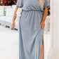Sky Blue Plus Size Short Sleeves Rib Knit Maxi Dress with Slit