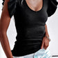 Black Rib Knitted Ruffle Sleeve U Neck Top