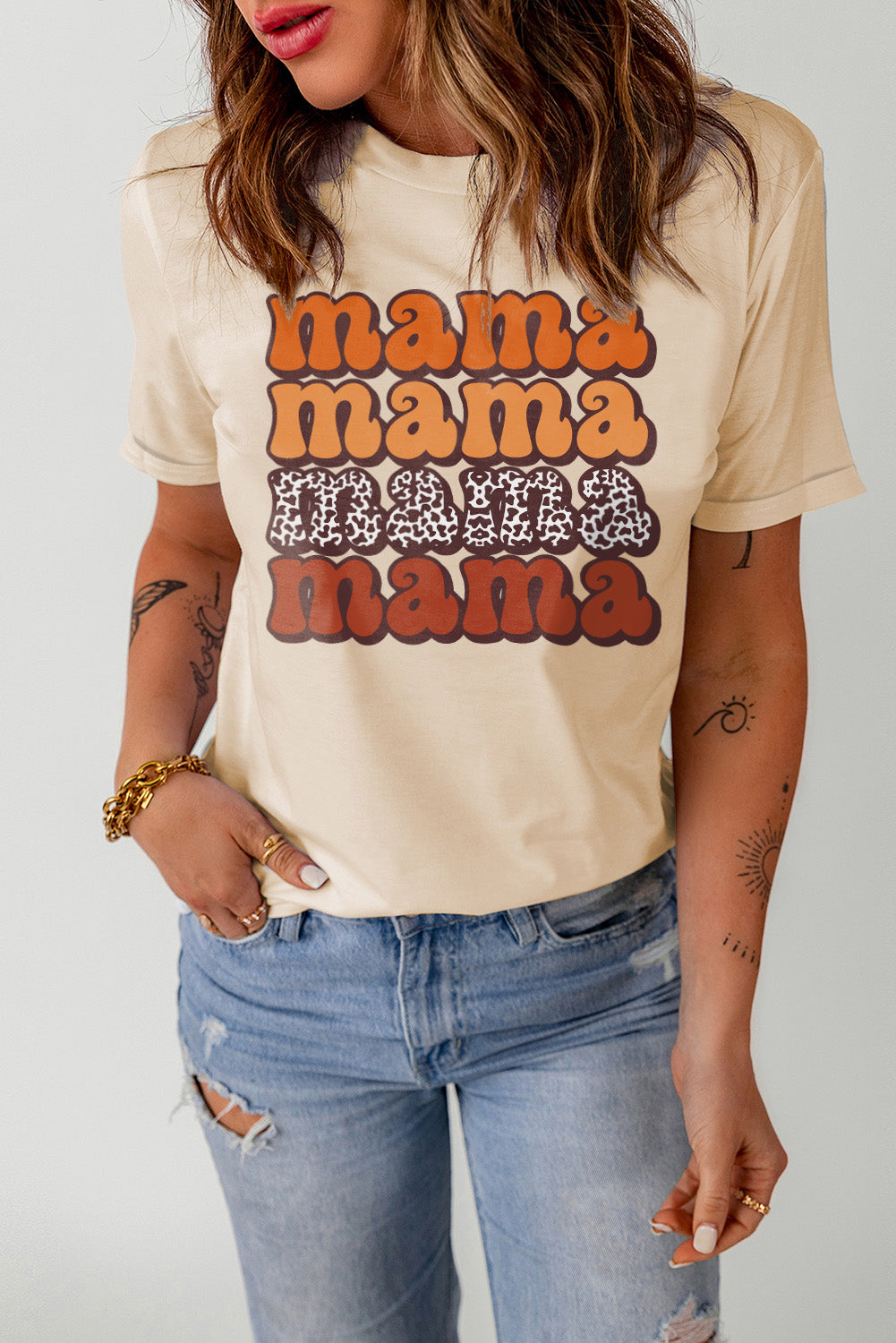 Khaki mama Leopard Print Crew Neck Graphic T Shirt