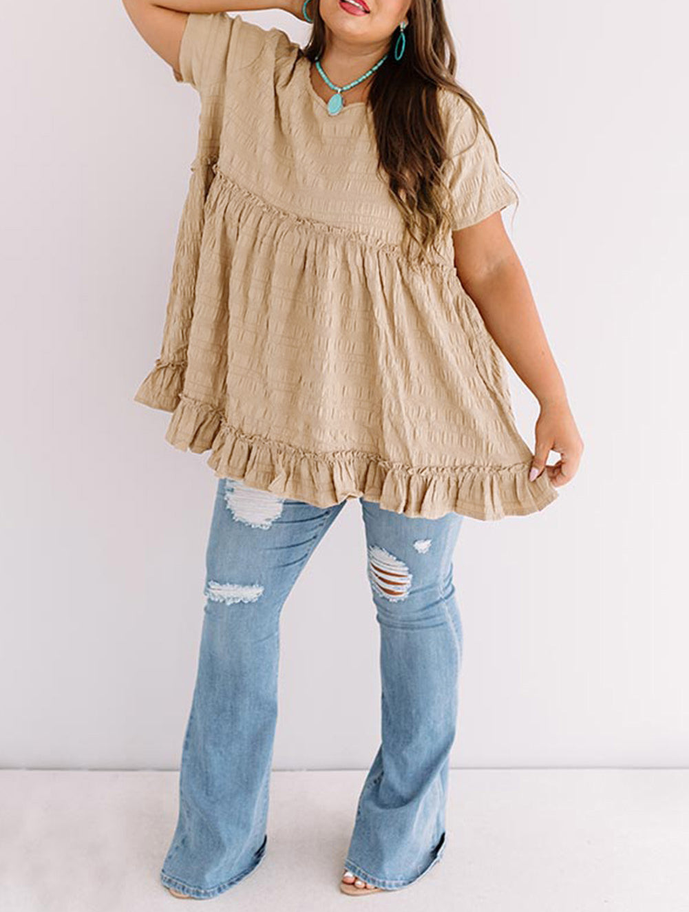 Khaki Plus Size Crinkle Textured Ruffle Trim Babydoll Top