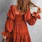 Brown Boho Solid Shirred Ruffle Mini Dress