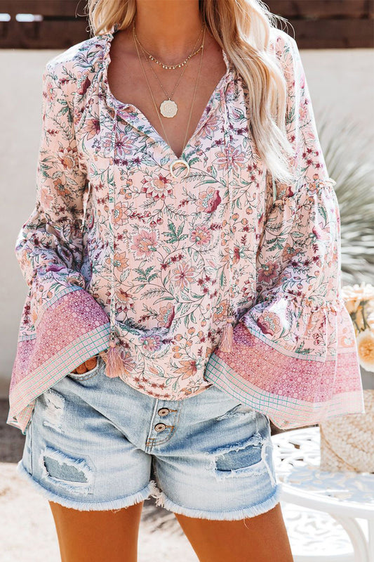 Floral Print V Neck Drawstring Flared Sleeve Top