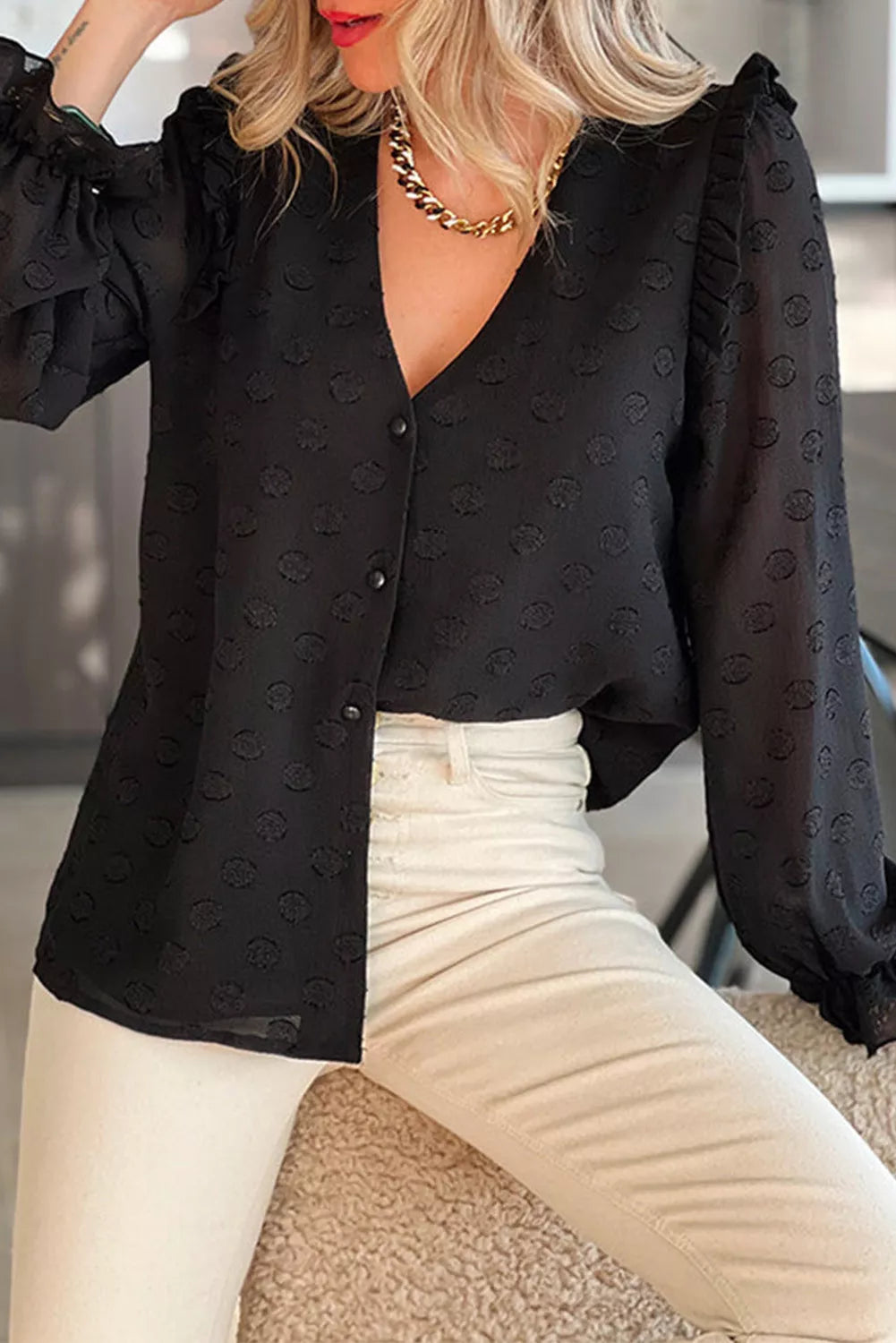 Turn-down Neck Swiss Dot Texture Sheer Shirt