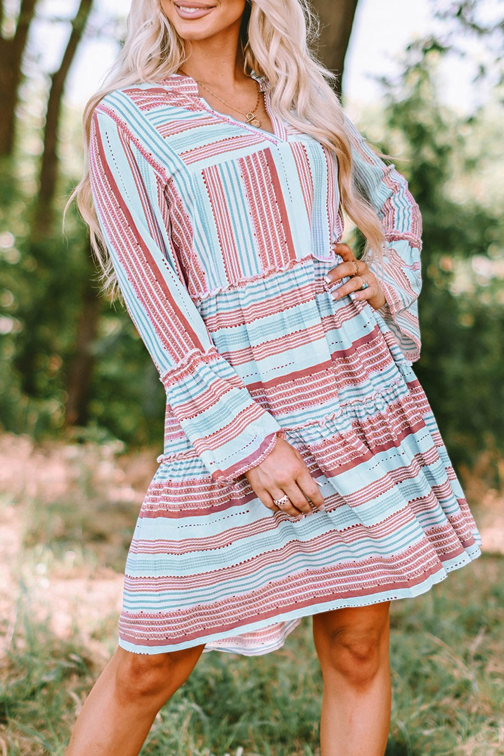 Boho Printed Tiered Bell Sleeve Babydoll Dress