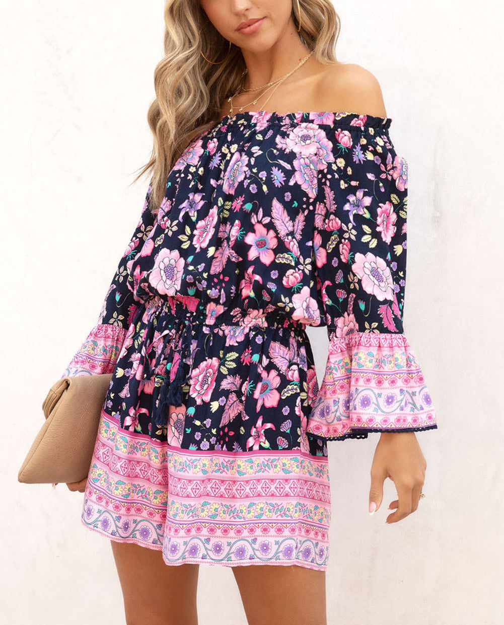 Blue Floral Patchwork High Waist Off Shoulder Romper