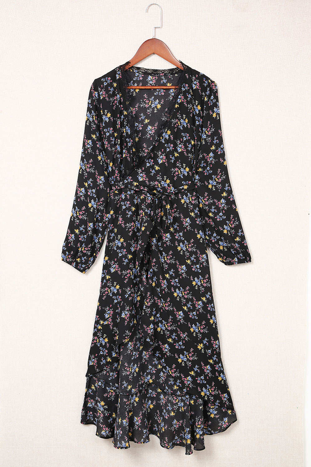 Black Wrap Eyelash V Neckline Long Sleeves Floral Dress